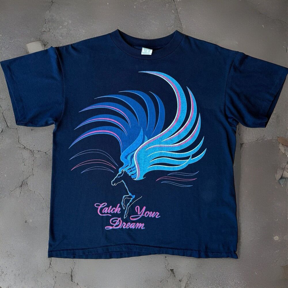 Vintage Horse Shirt L Blue 90s Catch Your Dream Glam Art Unicorn California
